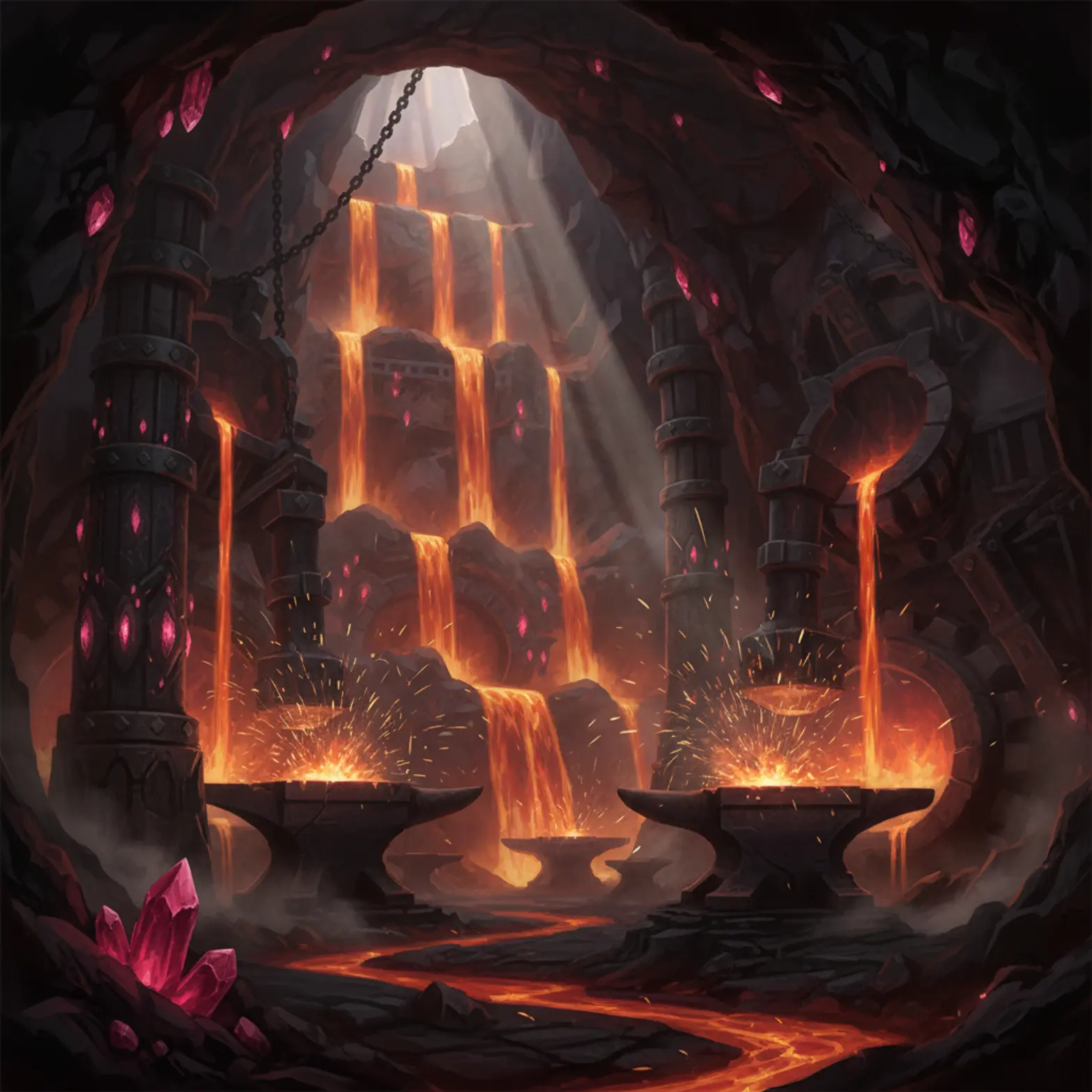 Salle de forge souterraine remplie de magma